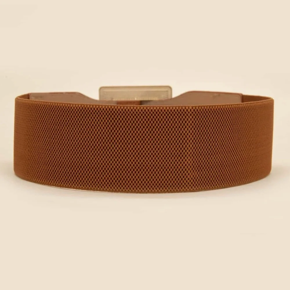 Luxe Gold Tone Square Bucket Vegan Leather Stretchy Belt - Picture 3 of 4
